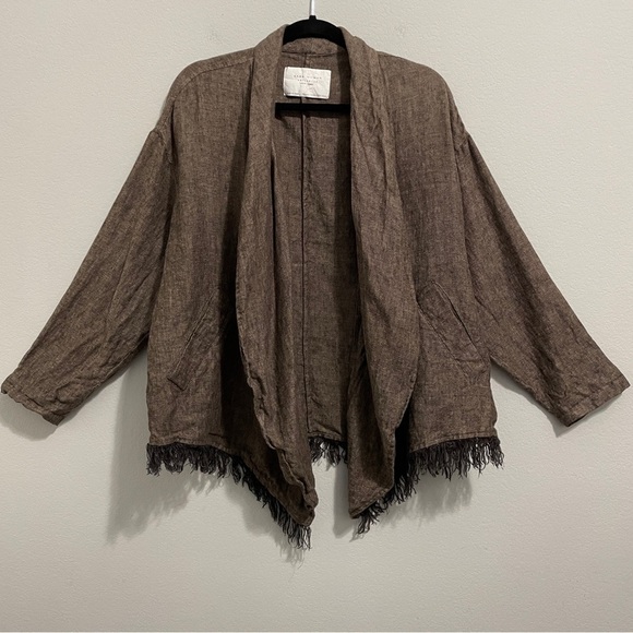 Zara Linen Cardigan Jacket Knit Brown Fringe Long Sleeve Womens XS S - Picture 12 of 13